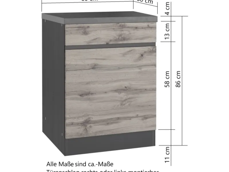 Held Möbel Küchenunterschrank Turin 60 cm 1 Tür 1 Schublade Graphit/Wotaneiche< Küchenschränke