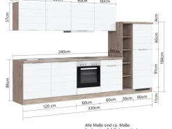 Held Möbel Küchenzeile 330 cm Matt Weiß-Wotaneiche< Kühlschränke