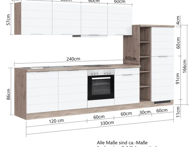 Held Möbel Küchenzeile 330 cm Matt Weiß-Wotaneiche< Kühlschränke