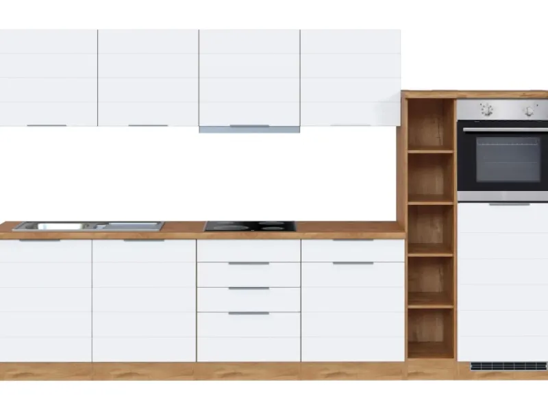 Held Möbel Kochfelder|Kühlschränke<Küchenzeile 330 cm Matt Weiß-Wotaneiche