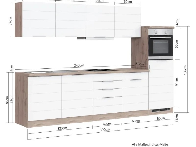 Held Möbel Kochfelder|Kühlschränke<Küchenzeile 300 cm Matt Weiß-Wotaneiche ohne E-Geräte