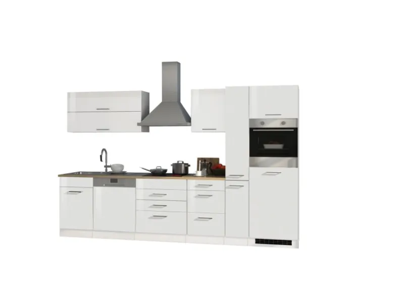 Clearance Held Möbel Küchenzeile Mailand 330 cm -Weiß Matt mit E-Geräten Weiß Hochglanz