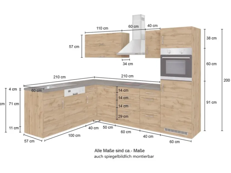 Held Möbel Winkelküchen<Küchenzeile Sorrento 210/ 270 cm Wotaneiche-Grafit o. E-Geräte Winkel