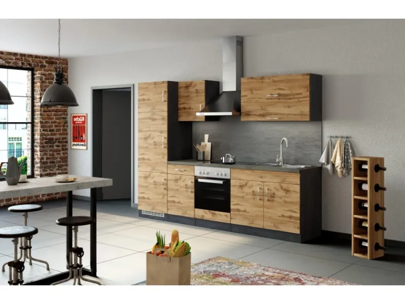 Clearance Held Möbel Küchenzeile Sorrento 270 cm Wotaneiche-Grafit ohne E-Geräte