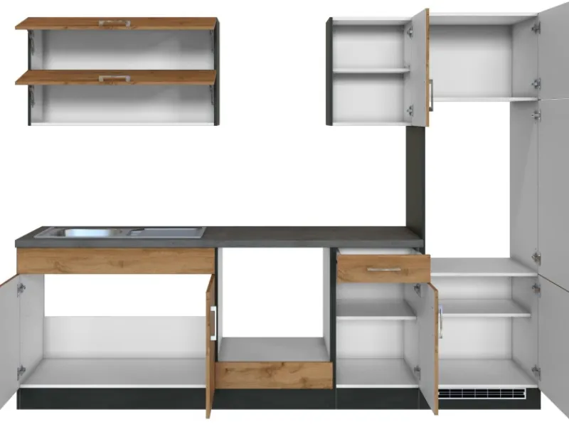 Clearance Held Möbel Küchenzeile Sorrento 270 cm Wotaneiche-Grafit ohne E-Geräte