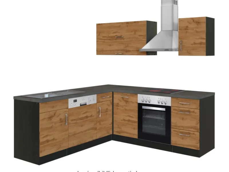 Discount Held Möbel Küchenzeile Sorrento 210 cm Wotaneiche-Grafit Winkel