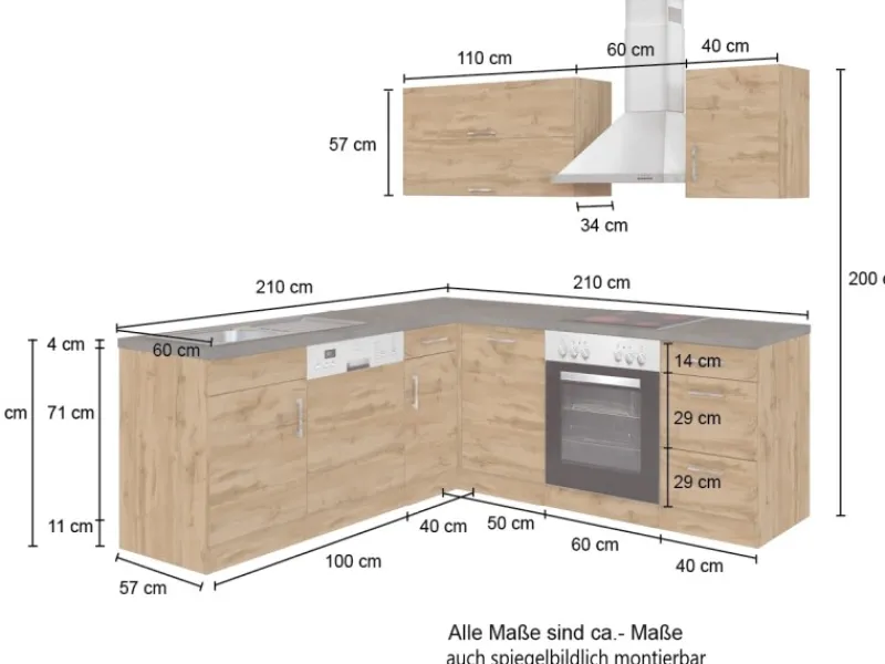 Discount Held Möbel Küchenzeile Sorrento 210 cm Wotaneiche-Grafit Winkel