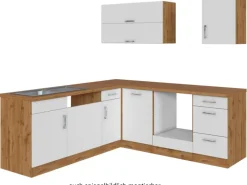 Held Möbel Küchenzeile Sorrento 210 cm Weiß-Wotaneiche ohne E-Geräte Winkel< Winkelküchen