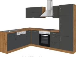 Held Möbel Küchenzeile Sorrento 210/ 270 cm Anthrazit-Wotaneiche Winkel< Herde|Kühlschränke