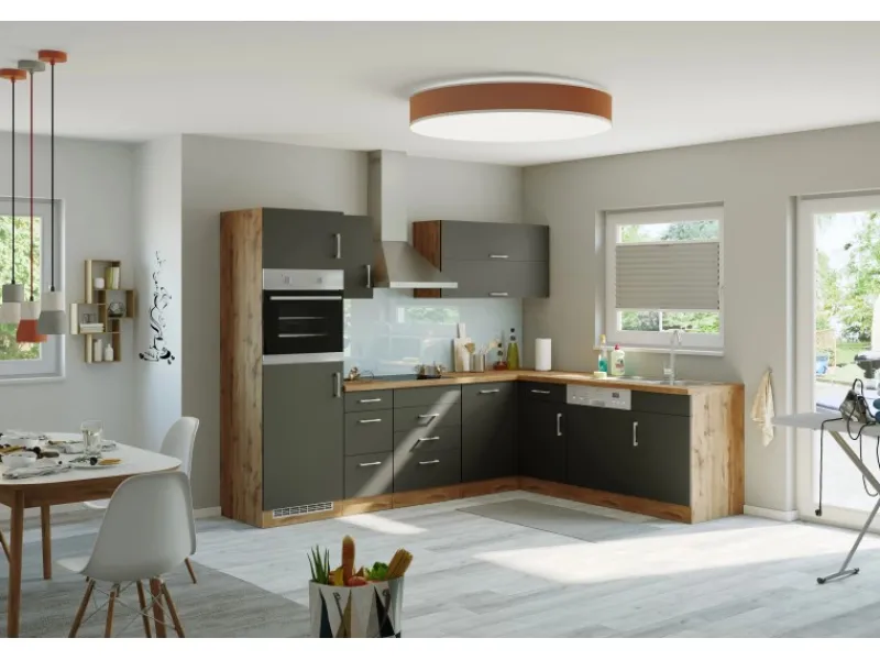 New Held Möbel Küchenzeile Sorrento 210/ 270 cm Anthrazit-Wotaneiche Winkel