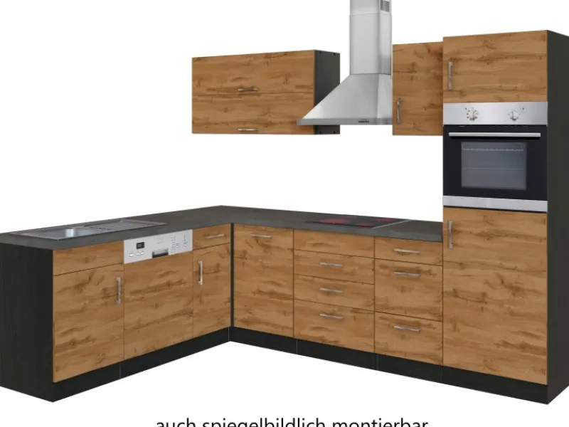 Held Möbel Küchenzeile Sorrento 210/270 cm Wotaneiche-Grafit Winkel< Kühlschränke|Winkelküchen