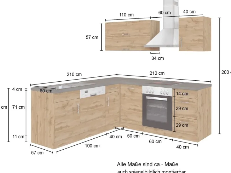 Held Möbel Winkelküchen|Herde<Küchenzeile Sorrento 210 cm Anthrazit-Wotaneiche Winkel