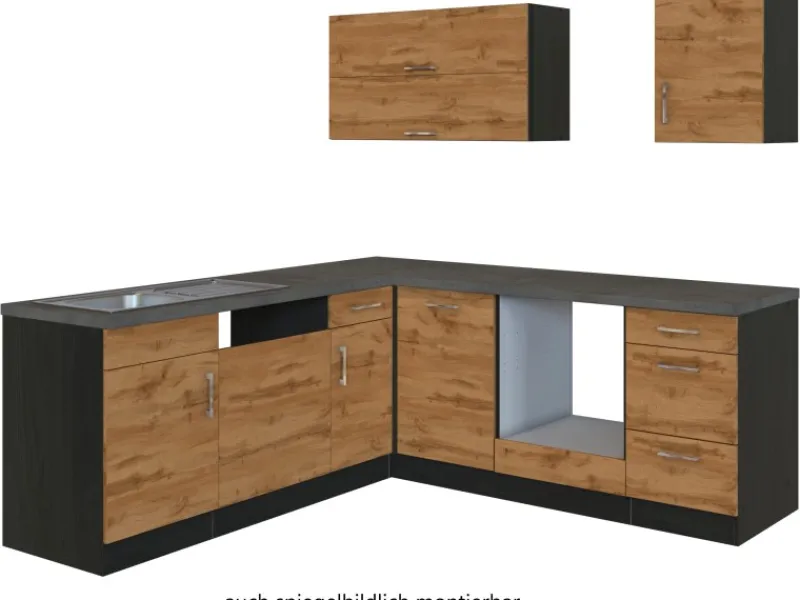 Clearance Held Möbel Küchenzeile Sorrento 210 cm Wotaneiche-Grafit ohne E-Geräte Winkel