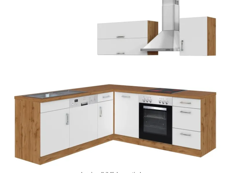 Clearance Held Möbel Küchenzeile Sorrento 210 cm Weiß-Wotaneiche Winkel