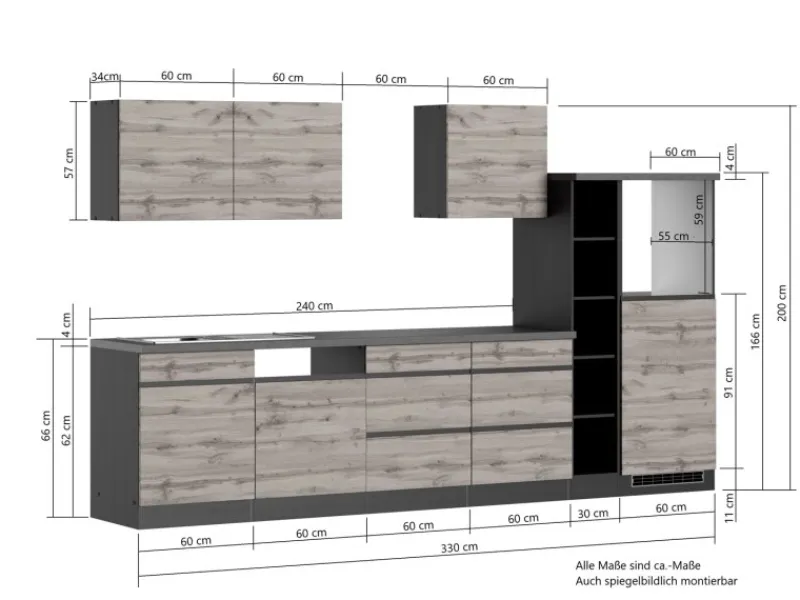 Held Möbel Küchenzeile Turin 330 cm Wotaneiche-Graphit ohne E-Geräte< Kochfelder|Kühlschränke