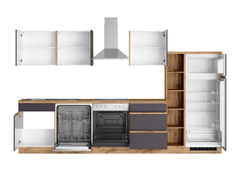 Outlet Held Möbel Küchenzeile Turin 330 cm mit E-Geräten Graphit-Wotaneiche