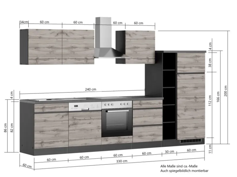 Outlet Held Möbel Küchenzeile Turin 330 cm mit E-Geräten Graphit-Wotaneiche