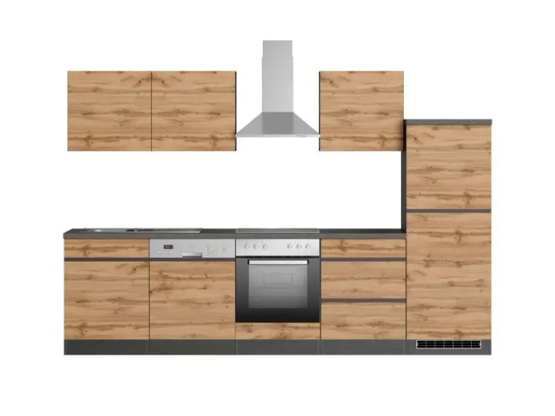New Held Möbel Küchenzeile Turin 300 cm Wotaneiche-Graphit mit E-Geräten Eiche Graphit