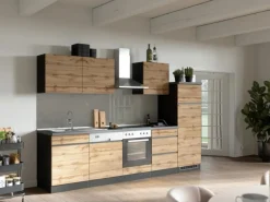 Held Möbel Küchenzeile Turin 300 cm Wotaneiche-Graphit mit E-Geräten< Herde|Kochfelder