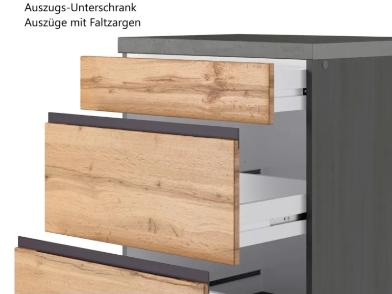 Online Held Möbel Küchenzeile Turin 300 cm Wotaneiche-Graphit mit E-Geräten Eiche Graphit