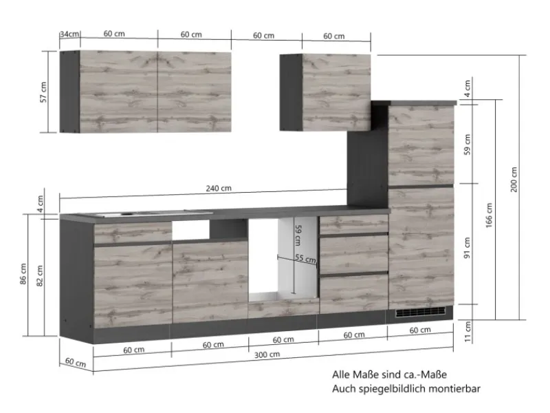 Held Möbel Küchenzeile Turin 300 cm Wotaneiche-Graphit ohne E-Geräte< Kühlschränke