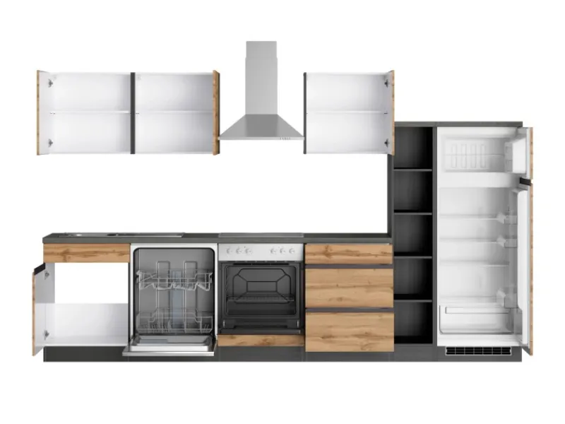 New Held Möbel Küchenzeile Turin 330 cm Wotaneiche-Graphit mit E-Geräten Eiche Graphit