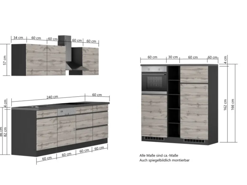 Held Möbel Kochfelder|Einbauküchen<Küchenzeile Turin 390 cm Wotaneiche-Graphit mit E-Geräten