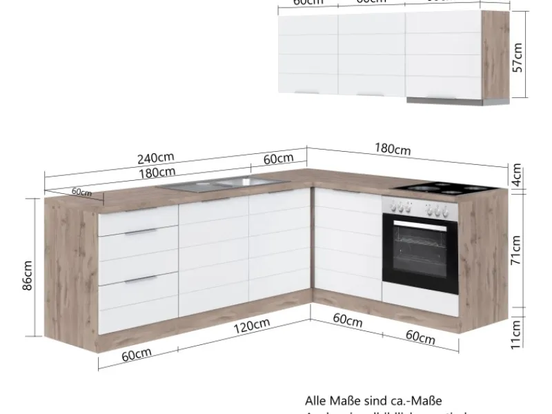 Held Möbel Winkelküche 240 cm - 180 cm Matt Grau-Wotaneiche ohne E-Geräte< Winkelküchen|Herde