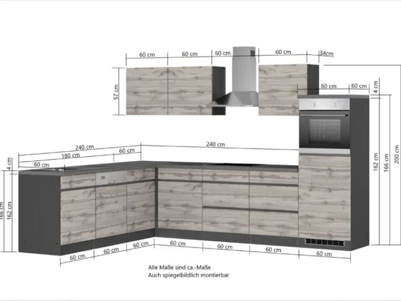 Held Möbel Kühlschränke|Einbauküchen<Winkelküche Turin 300 x 240 cm Wotaneiche-Graphit mit E-Geräten