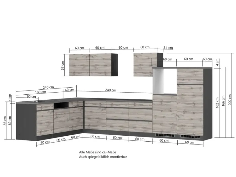 Discount Held Möbel Winkelküche Turin 360 x 240 cm ohne E-Geräte Graphit-Wotaneiche