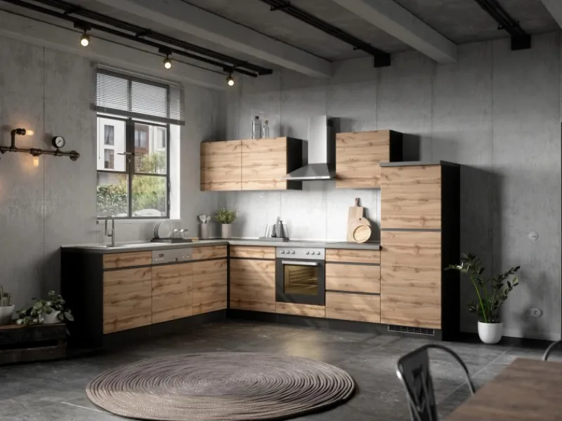 Held Möbel Winkelküche Turin 240 x 300 cm Wotaneiche-Graphit mit E-Geräten Eiche Graphit