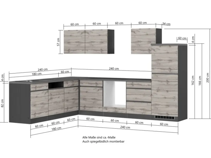 Held Möbel Winkelküchen<Winkelküche Turin 240 x 300 cm Wotaneiche-Graphit ohne E-Geräte