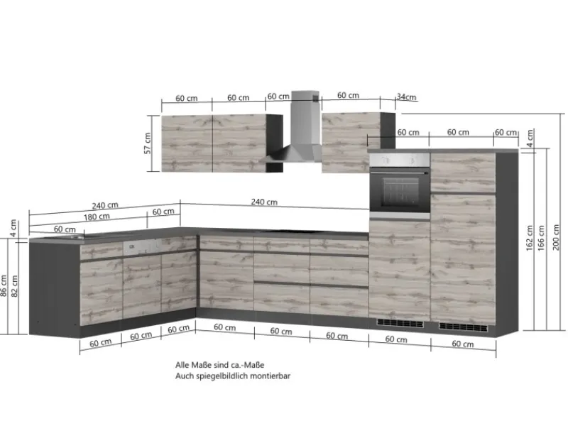 Held Möbel Winkelküchen|Einbauküchen<Winkelküche Turin 360 x 240 cm Wotaneiche-Graphit mit E-Geräten