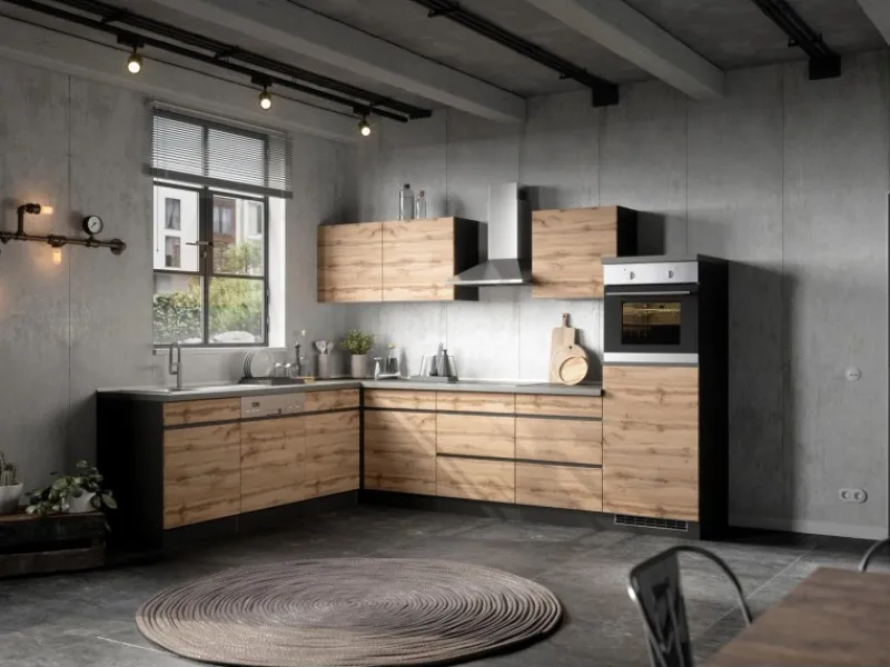 Held Möbel Winkelküchen|Kühlschränke<Winkelküche Turin 300 x 240 cm Wotaneiche-Graphit ohne E-Geräte
