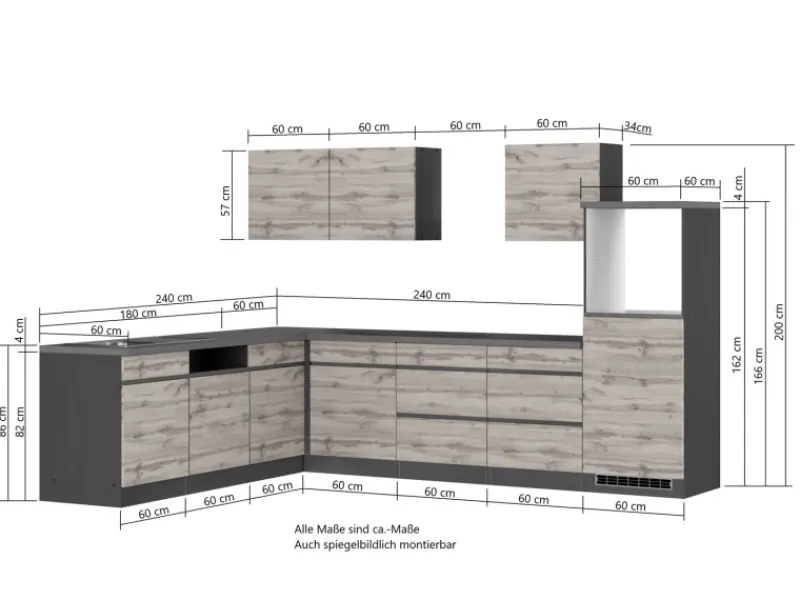 Held Möbel Winkelküchen|Kühlschränke<Winkelküche Turin 300 x 240 cm Wotaneiche-Graphit ohne E-Geräte