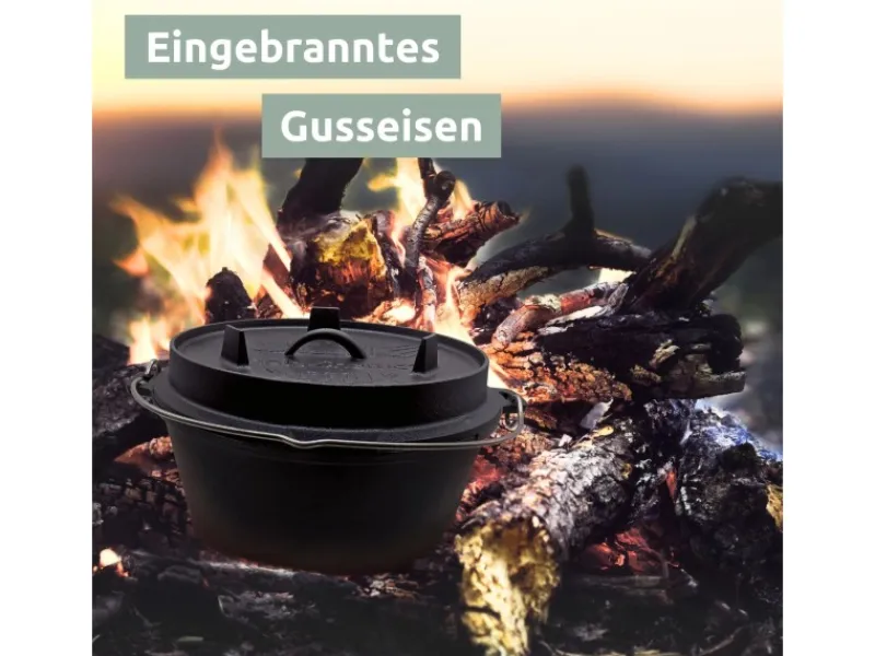 holz4home Pfannen<Dutch Oven Set 9teilig in Holzkiste 3,6L Feuertopf Viel Zubehör Kleiner Topf, Grillplatte, Pfanne, Handschuhe