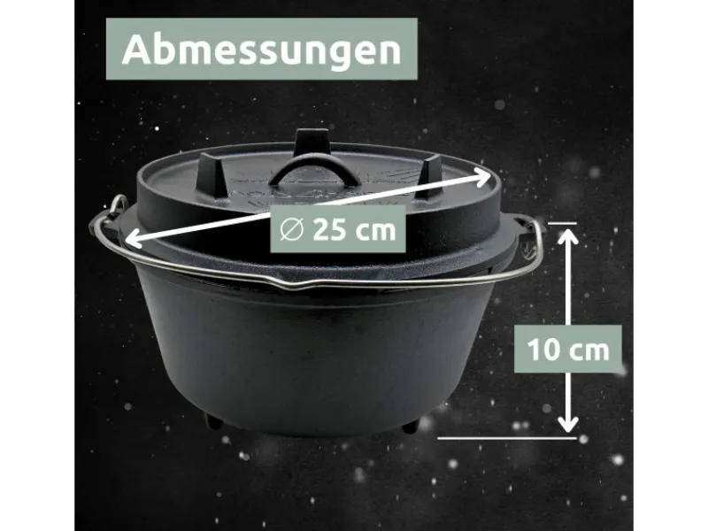 holz4home Pfannen<Dutch Oven Set 9teilig in Holzkiste 3,6L Feuertopf Viel Zubehör Kleiner Topf, Grillplatte, Pfanne, Handschuhe