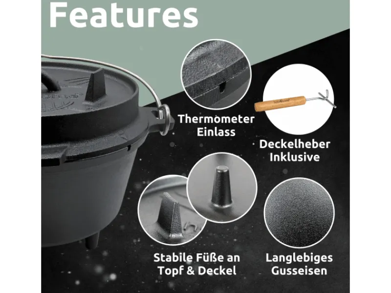 holz4home Pfannen<Dutch Oven Set 9teilig in Holzkiste 3,6L Feuertopf Viel Zubehör Kleiner Topf, Grillplatte, Pfanne, Handschuhe