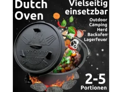 holz4home Pfannen<Dutch Oven Set 9teilig in Holzkiste 3,6L Feuertopf Viel Zubehör Kleiner Topf, Grillplatte, Pfanne, Handschuhe
