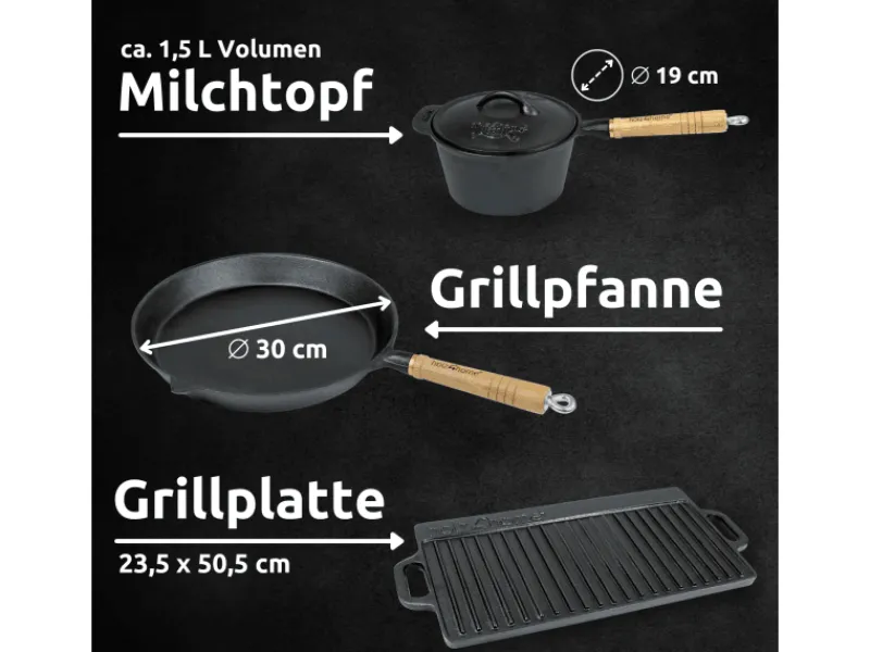 holz4home Pfannen<Dutch Oven Set 9teilig in Holzkiste 3,6L Feuertopf Viel Zubehör Kleiner Topf, Grillplatte, Pfanne, Handschuhe