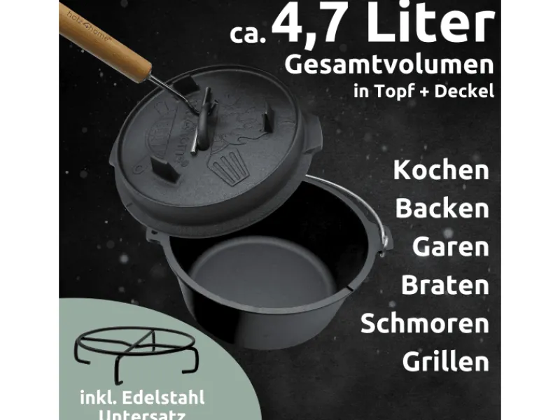 holz4home Pfannen<Dutch Oven Set 9teilig in Holzkiste 3,6L Feuertopf Viel Zubehör Kleiner Topf, Grillplatte, Pfanne, Handschuhe