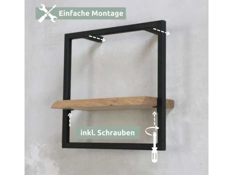 holz4home Küchenregale<Wandregal Small Schwarz Gerahmt Industrial Style mit Baumkante Hellgrau