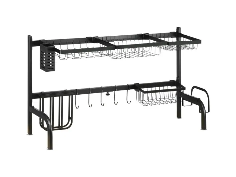 New HOMCOM Abtropfgestell Geschirr 2-Stufig 51-93 cm mit Haken Stahl Schwarz