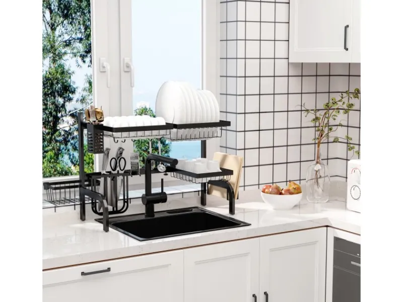 New HOMCOM Abtropfgestell Geschirr 2-Stufig 51-93 cm mit Haken Stahl Schwarz
