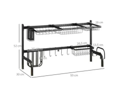 New HOMCOM Abtropfgestell Geschirr 2-Stufig 51-93 cm mit Haken Stahl Schwarz