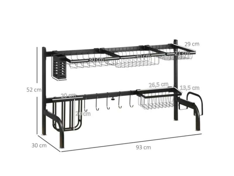 New HOMCOM Abtropfgestell Geschirr 2-Stufig 51-93 cm mit Haken Stahl Schwarz