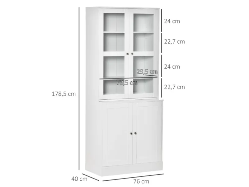 HOMCOM Küchenregale|Küchenschränke<Bücherschrank 178,5 cm mit Glastür 6 Fächern Küchenschrank Weiß