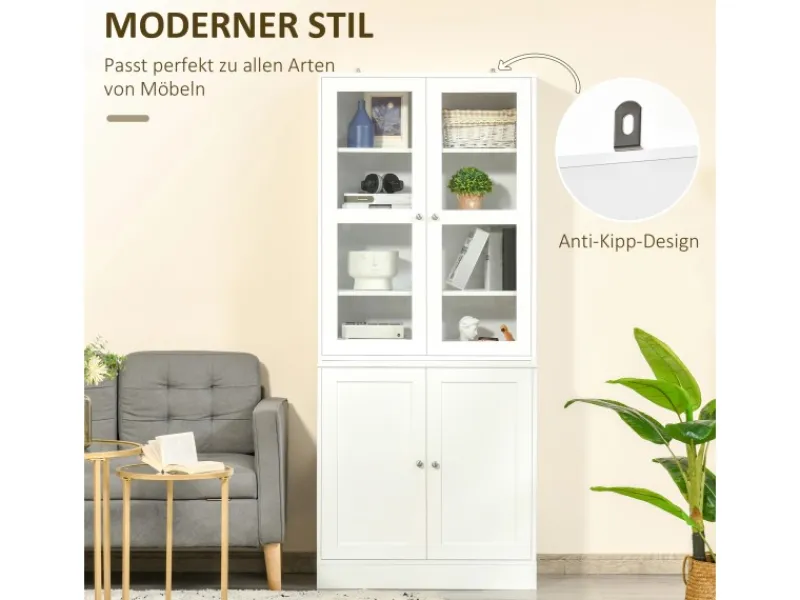 HOMCOM Küchenregale|Küchenschränke<Bücherschrank 178,5 cm mit Glastür 6 Fächern Küchenschrank Weiß