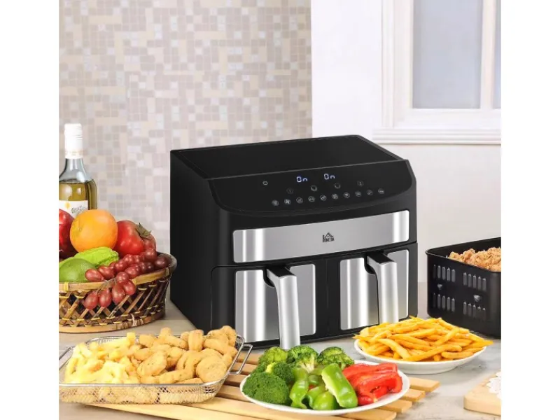 HOMCOM Haushaltsgeräte<Heißluftfritteuse mit Doppelkammer Airfryer 10 Programmen 2400 W Schwarz