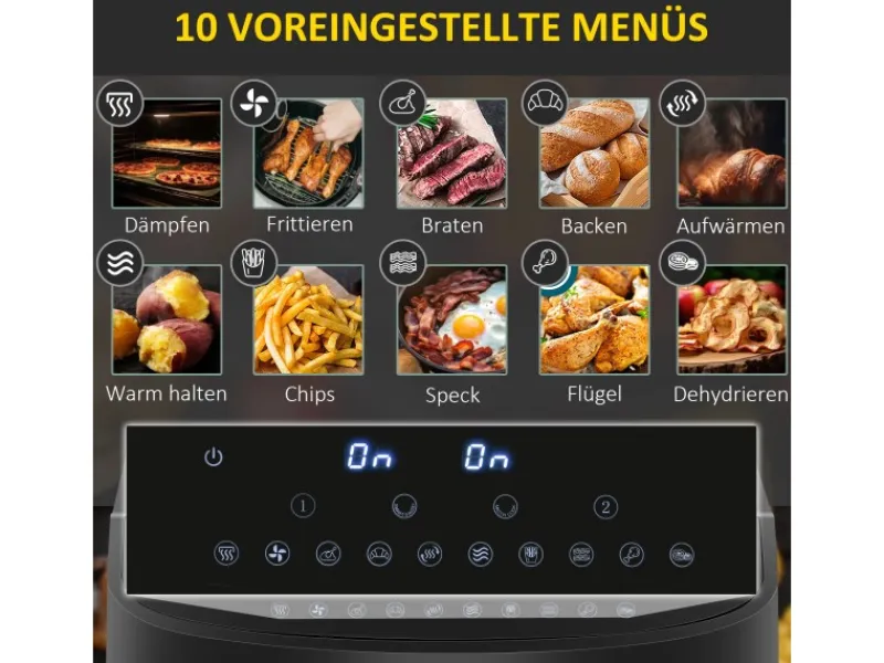HOMCOM Haushaltsgeräte<Heißluftfritteuse mit Doppelkammer Airfryer 10 Programmen 2400 W Schwarz
